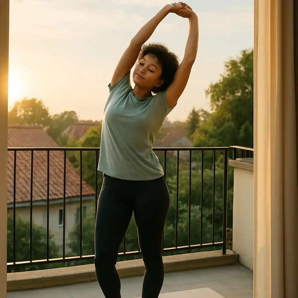 Stretching on a balcony